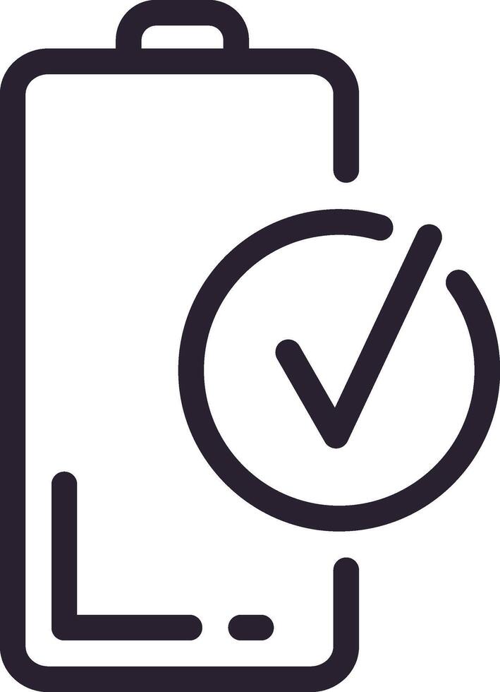 Simple line drawing depicting a battery icon featuring a check mark, symbolizing full charge and indicating successful power supply or charging status for electronic devices vector