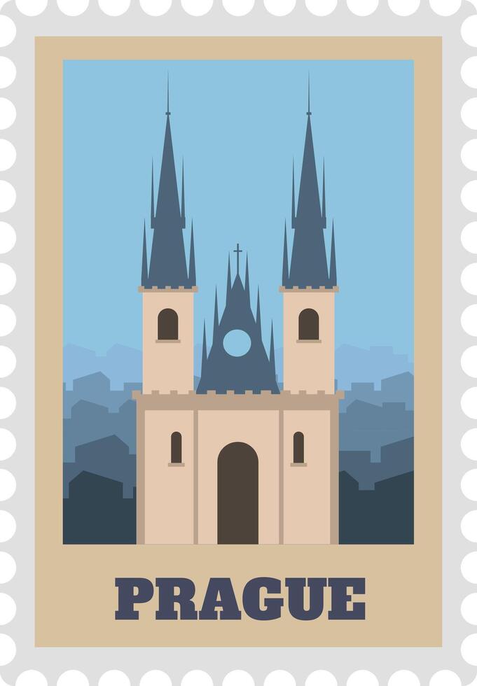 Vintage postage stamp featuring Church of Our Lady before Tyn and cityscape silhouette merging with blue sky, forming evocative Prague souvenir vector