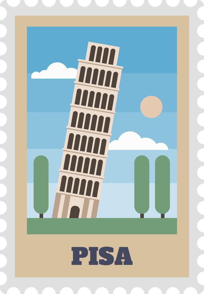 Minimalist illustration of the Leaning Tower of Pisa on a vintage postcard with trees, clouds and sun, perfect for travel and tourism projects related to Italy vector