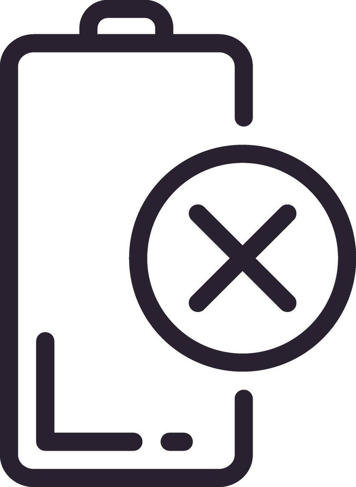 Minimalist illustration depicting a battery icon with a cross symbol, representing a state of low or no power, emphasizing the concept of energy depletion in electronic devices vector