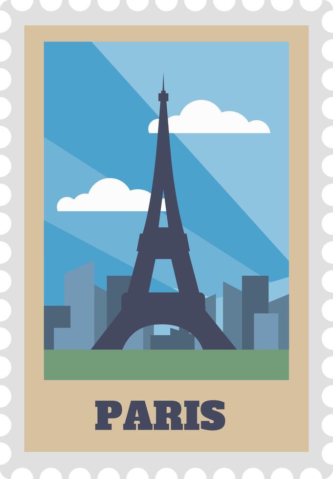 Postage stamp featuring the iconic Eiffel Tower alongside a beautiful Paris skyline, adorned with stylized clouds and a vibrant blue sky, capturing the essence of travel and tourism vector