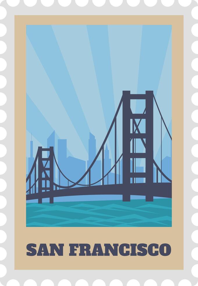Vintage postcard stamp design featuring the iconic Golden Gate Bridge, set against a backdrop of a vibrant blue sky and the stunning San Francisco city skyline vector