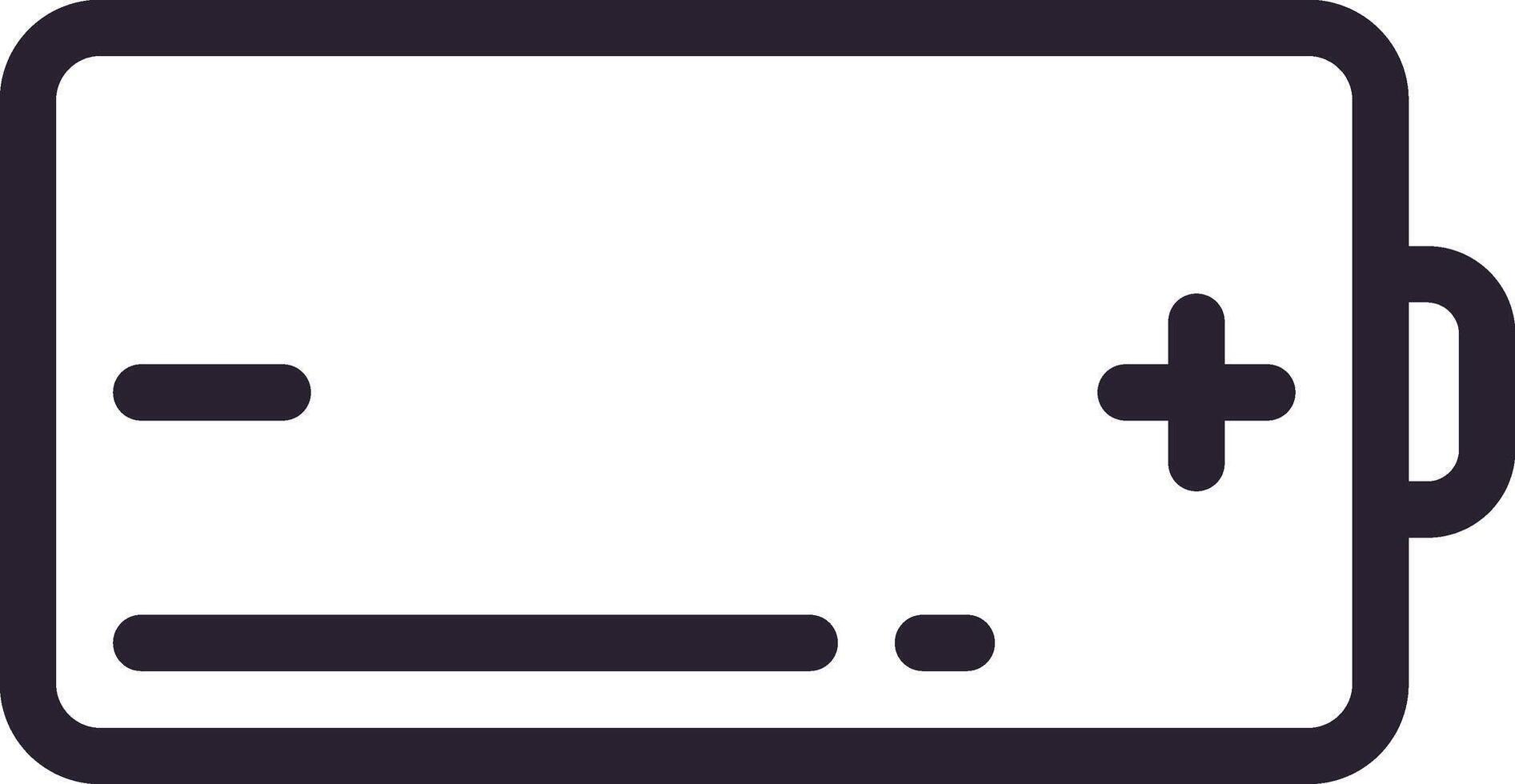 Simple battery icon indicating a low charge level, featuring prominent plus and minus symbols, suitable for various design projects related to power and energy vector
