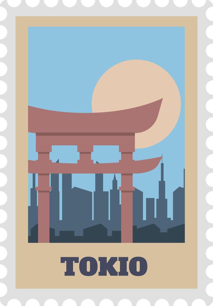 Vintage textured postcard stamp featuring a torii gate overlooking the Tokio skyline, with a stylized sun in the background, evoking a sense of travel and cultural exploration vector