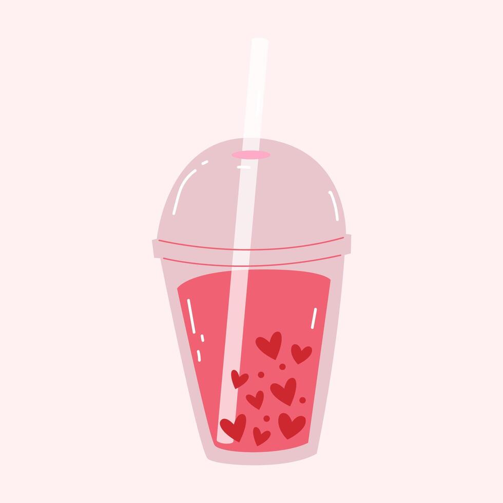 Bubble tea with heart shaped tapioca. Saint Valentines day cute illustration vector