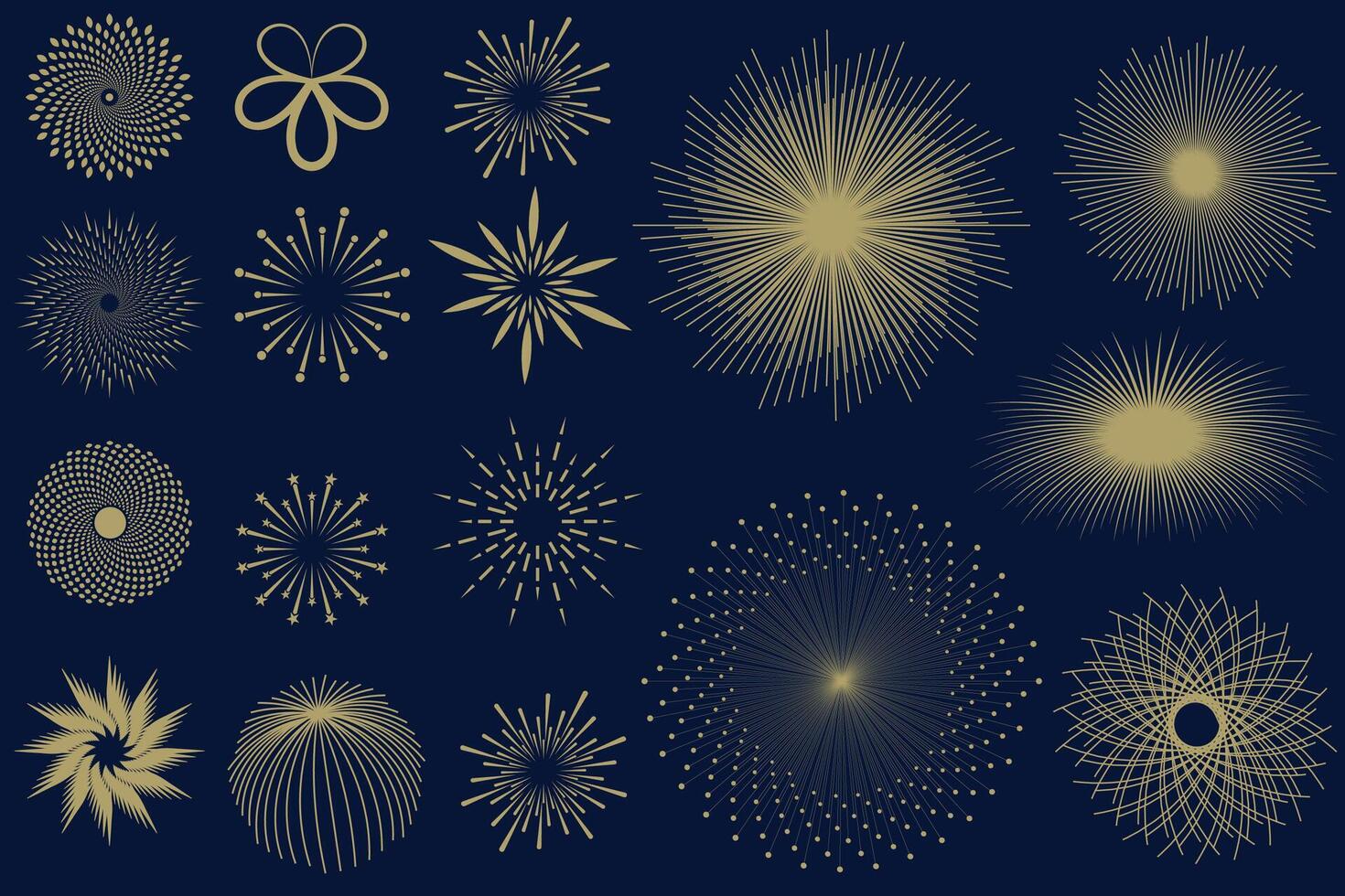 Fireworks set, gold fireworks with lines and sparkles, firework collection vector