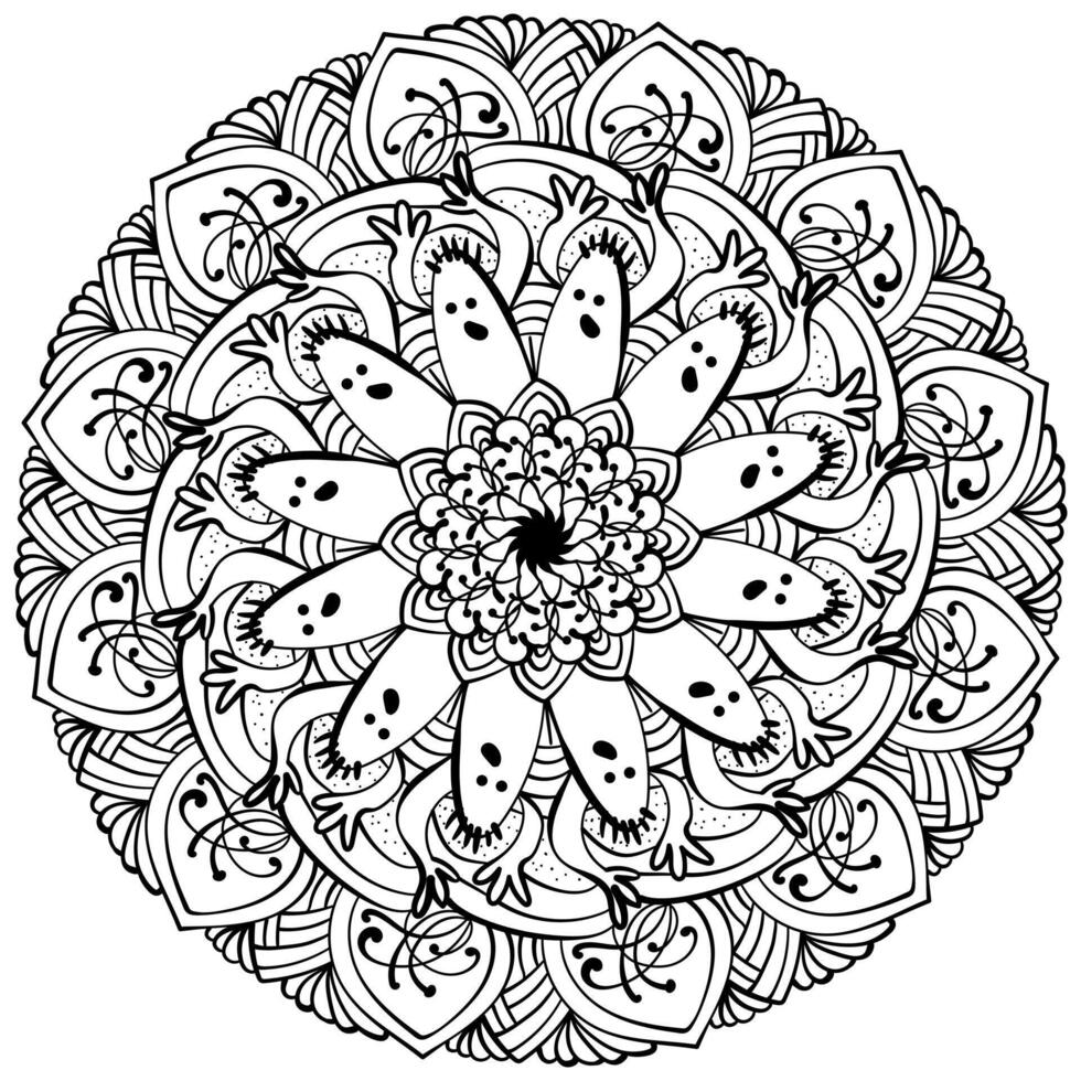 Outline mandala for Halloween, coloring page with monsters and swirls for activity and design vector