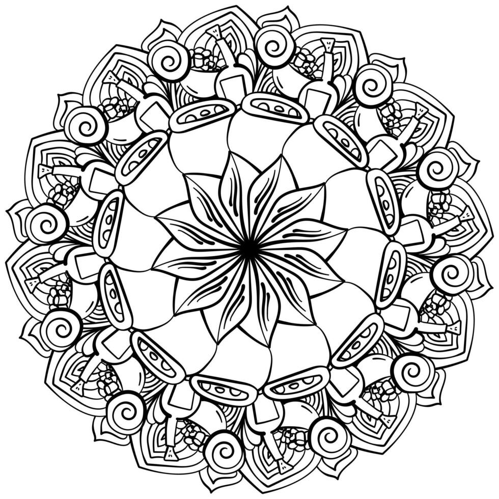 Outline mandala for Halloween, coloring page with a cauldron with potion and sweets for activity and design vector