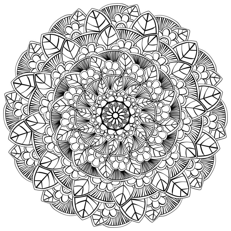 Outline mandala with doodle flowers and leaves, creative zen coloring page for activity and design vector