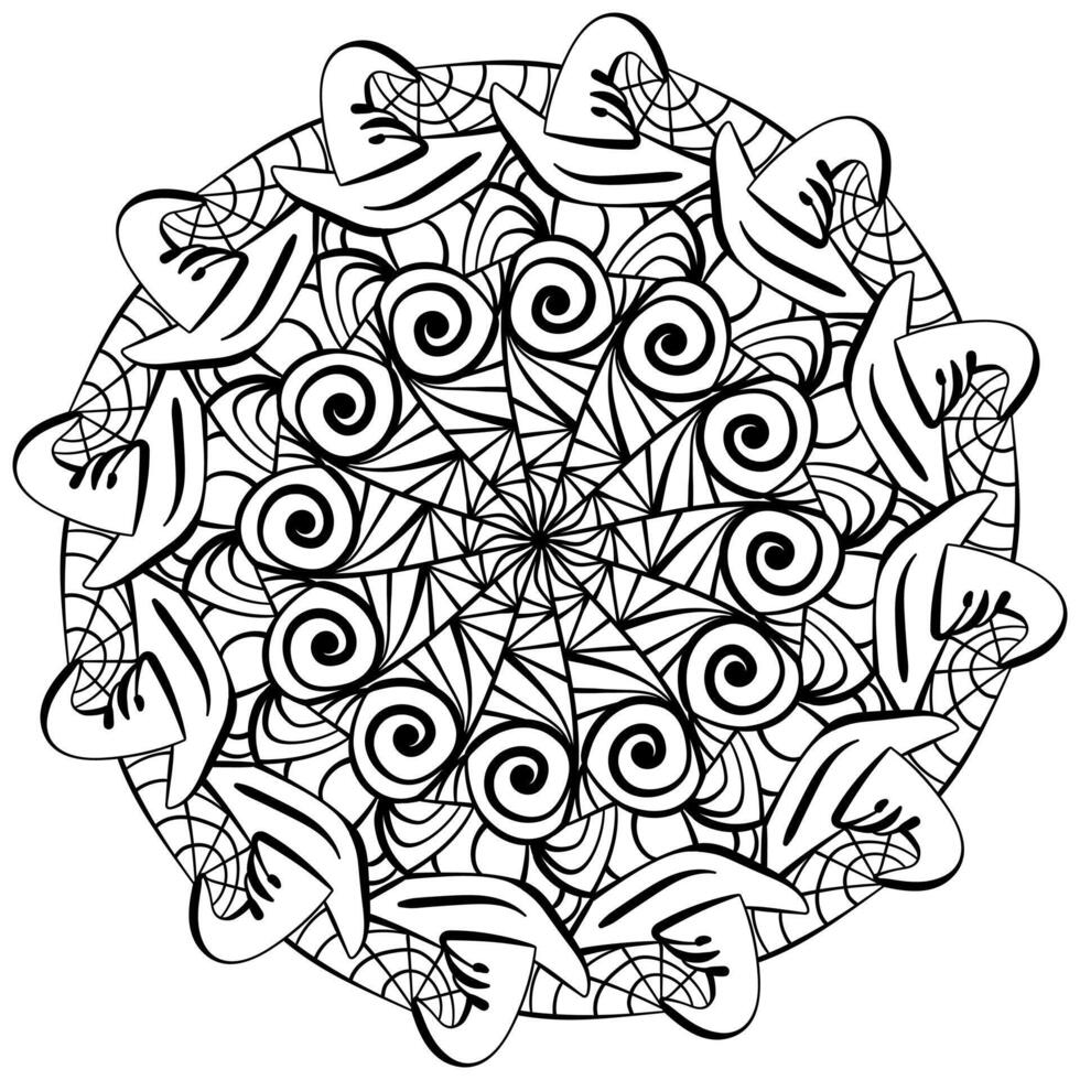Outline mandala for Halloween, coloring page with witch hat and spider web for activity and design vector