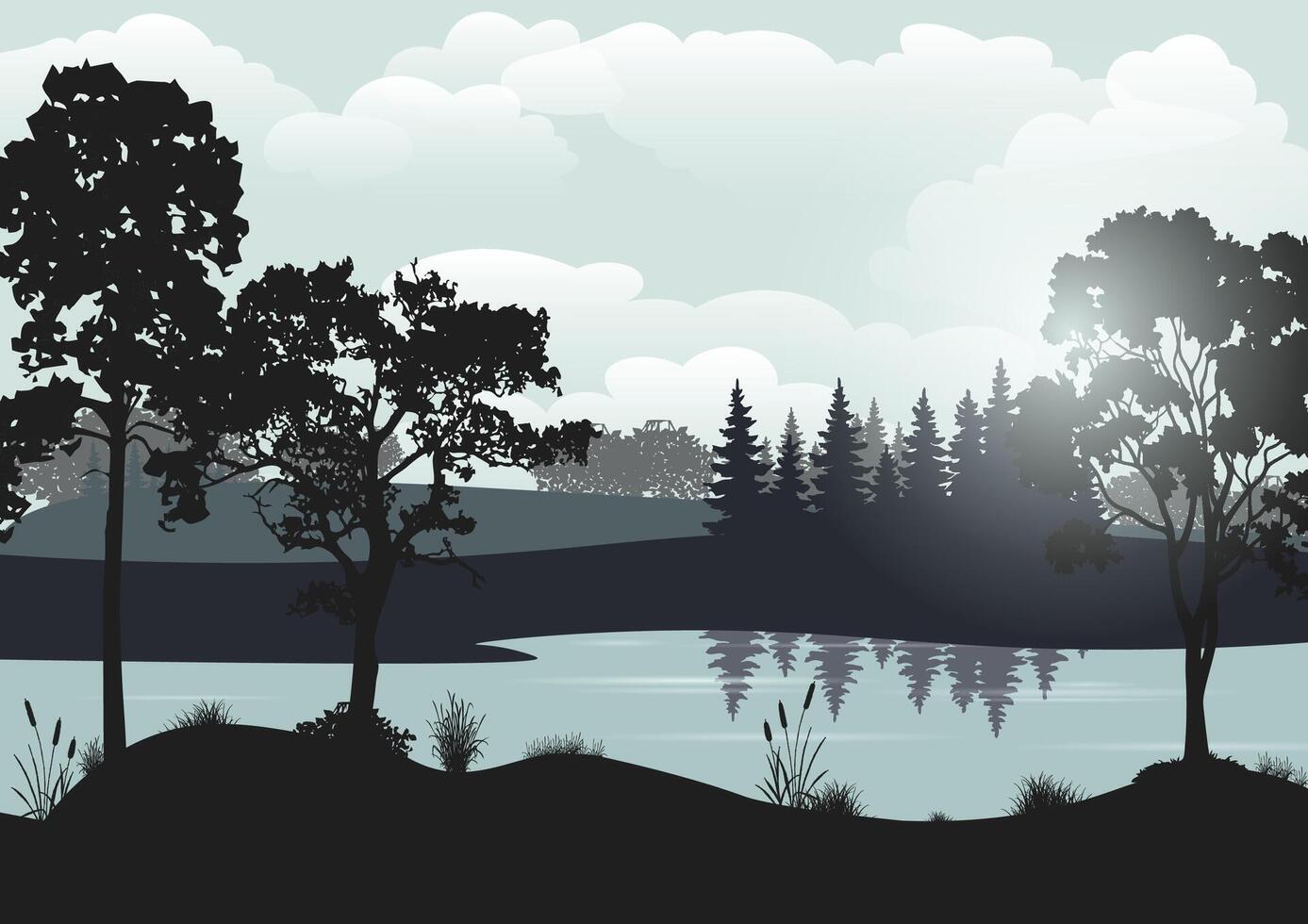 Foggy dawn on the river vector