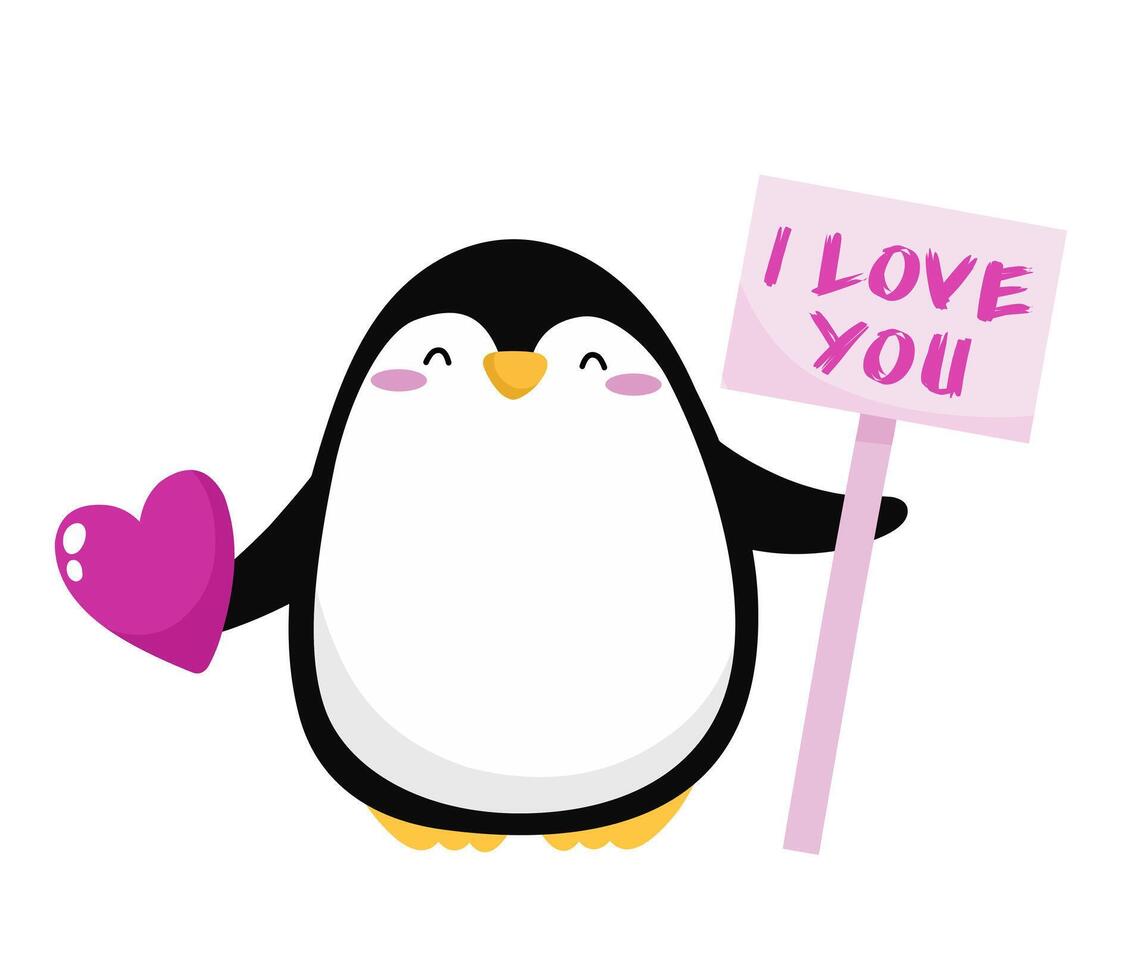 Cute penguin with text I love you. Cute happy character. vector