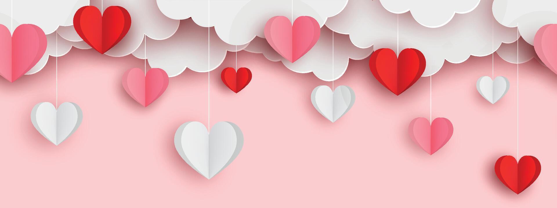valentine's day seamless border with paer hearts and clouds vector