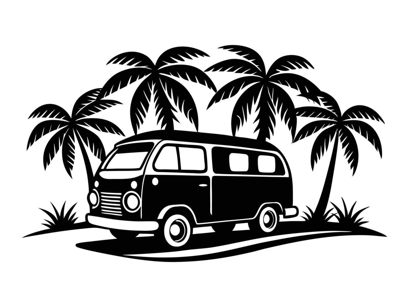 a vintage camper van stylized in a bold black silhouette is depicted amidst lush tropical palm trees vector