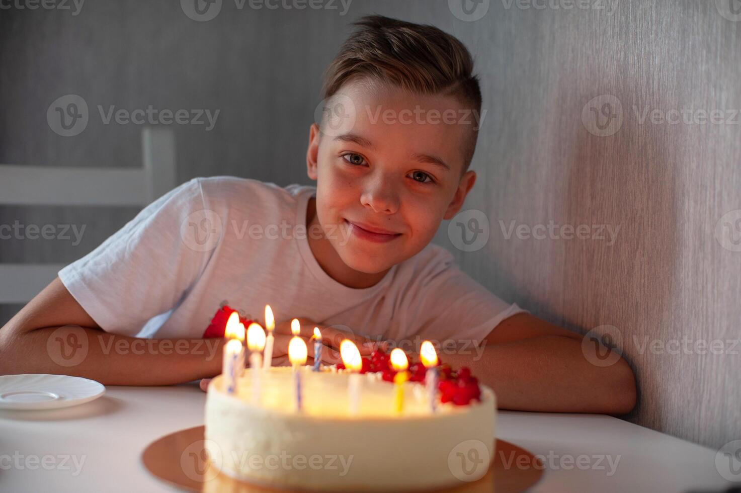 Happy Boy Celebrating Birthday with Cake photo