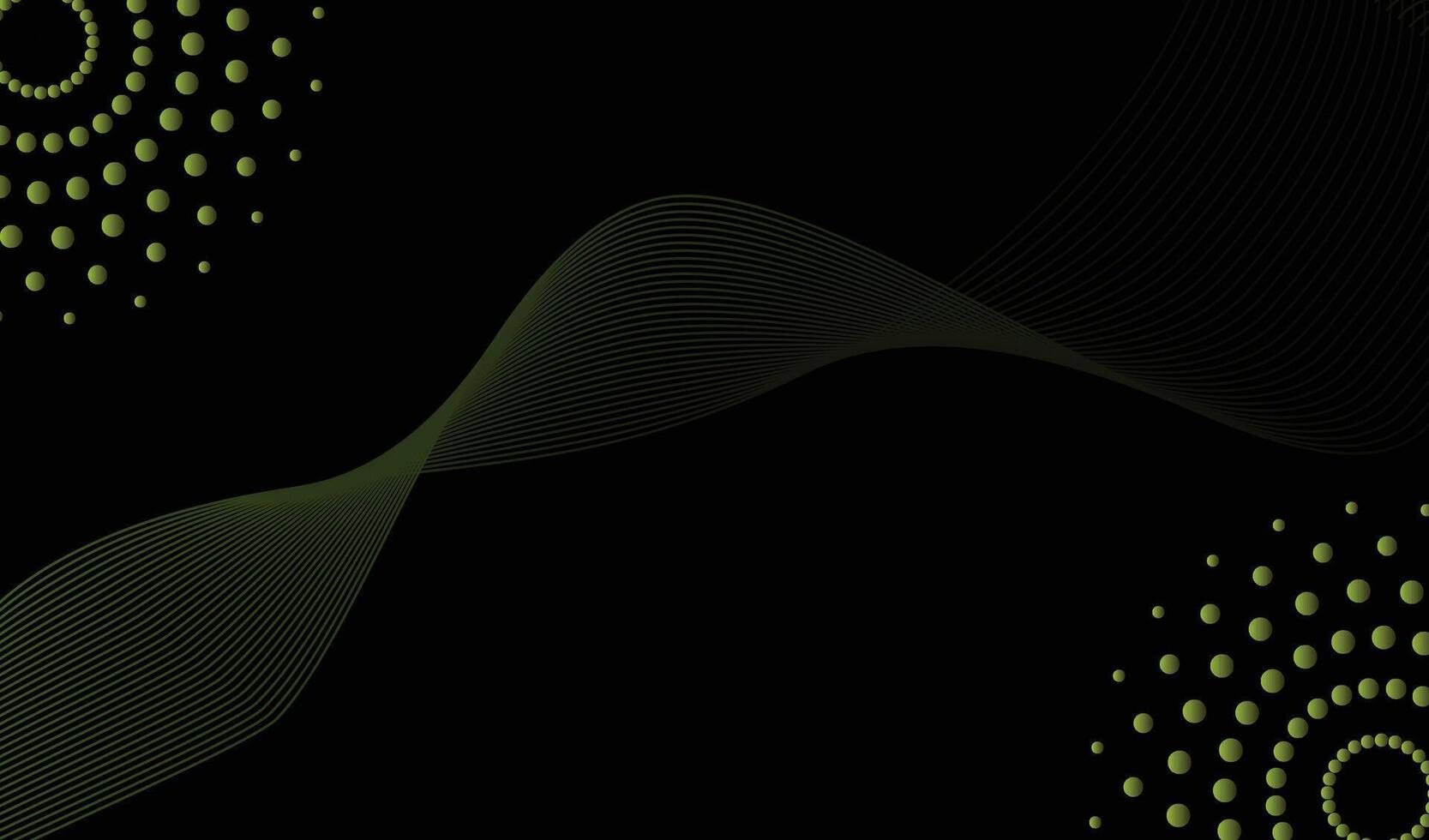 Dark abstract black background, digital artwork, flowing green waves, neon yellow dots, geometric patterns, minimalist design vector