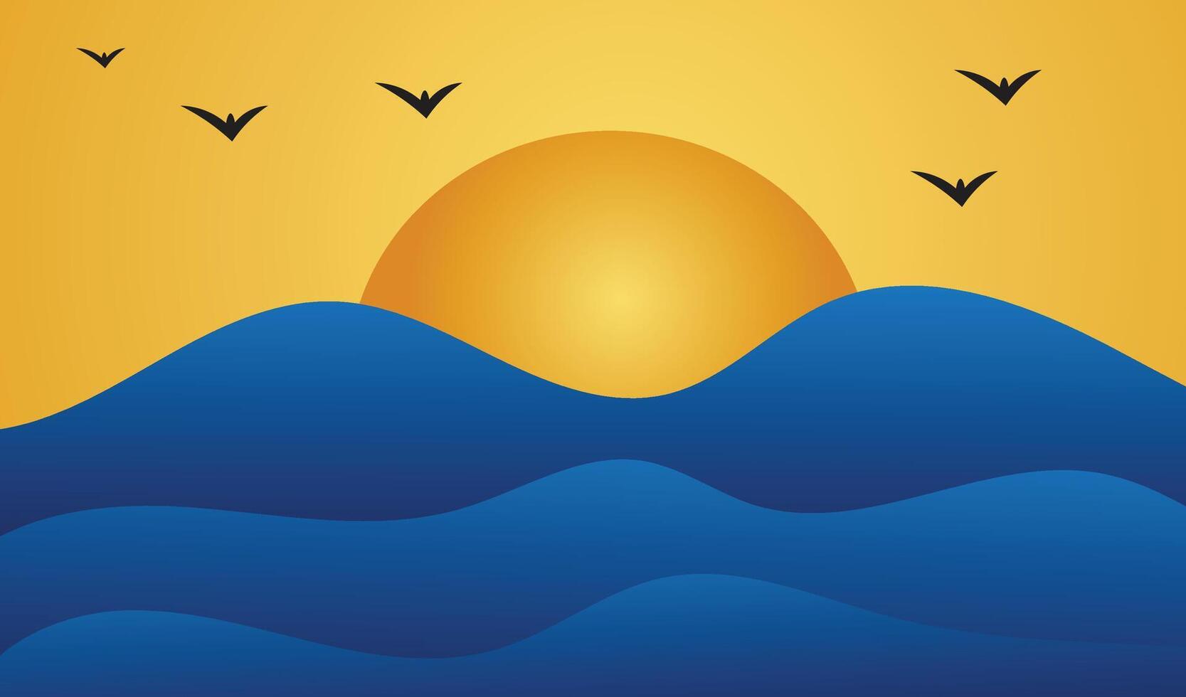 Stylized sunset scene, peaceful coastal landscape, golden sun, blue ocean waves, flying bird silhouettes, minimalist design. vector
