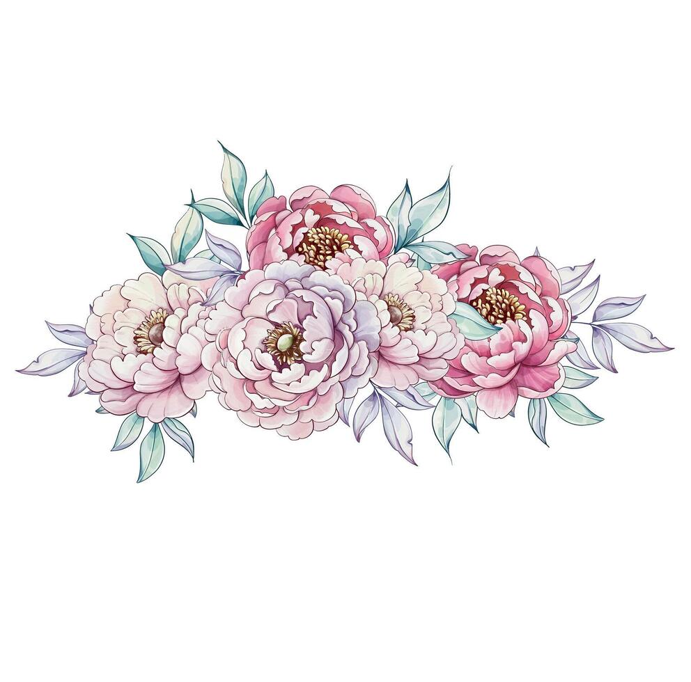 Soft pastel peonies burst with color and life, surrounded by gentle leaves, capturing the essence of spring in beautiful watercolor. vector