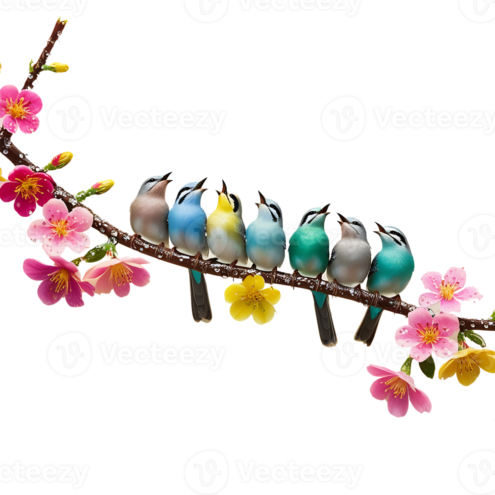 bird singing on a branch with flowers png
