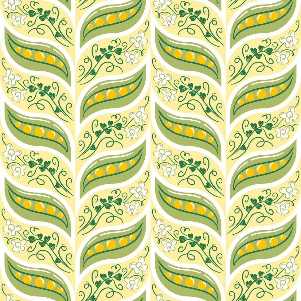 A seamless pattern featuring pea pods and flowers, beautifully illustrated in a flat style. This charming design adds a fresh and natural touch, perfect for textiles, wallpapers, and print vector