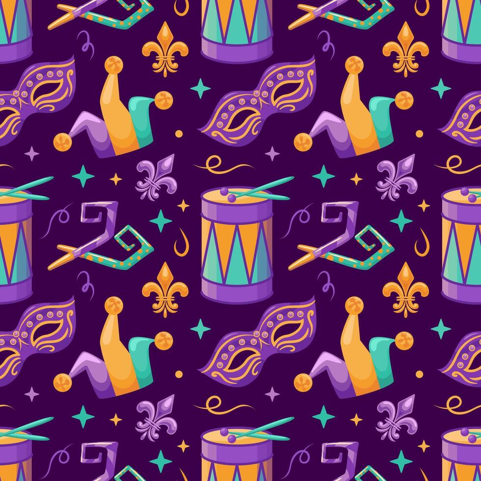 A seamless pattern featuring drums, jester hats, fleur-de-lis motifs, party blowers, and carnival masks. This playful illustration is perfect for festive designs and celebration-themed projects vector