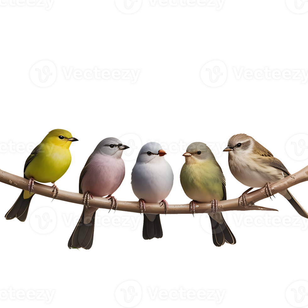 five birds sitting on a branch transparent background png