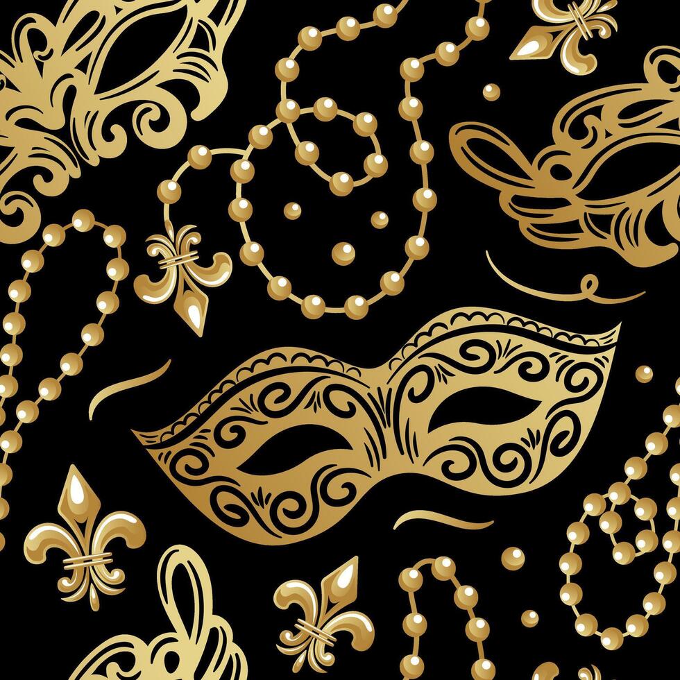 Gold masks adorned with festive beads and fleur-de-lis motifs are perfect for Mardi Gras. This seamless design in flat style is great for wallpapers, fabrics and backgrounds. vector