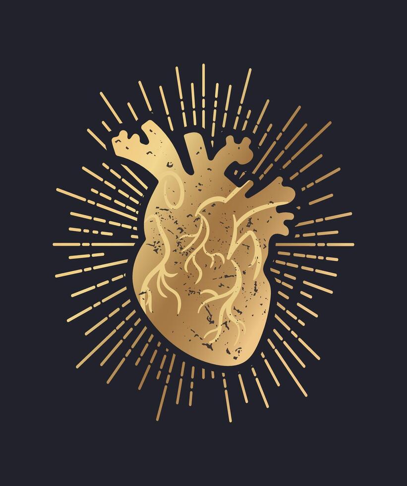 Romantic poster with golden shining anatomically correct human heart. Hand drawn textured on black background. For posters, postcards, banners, design elements vector