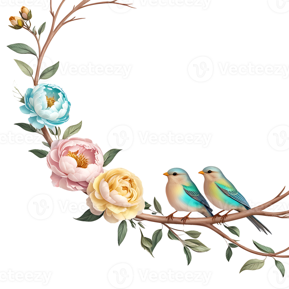 watercolor illustration of two birds on a branch with flowers png