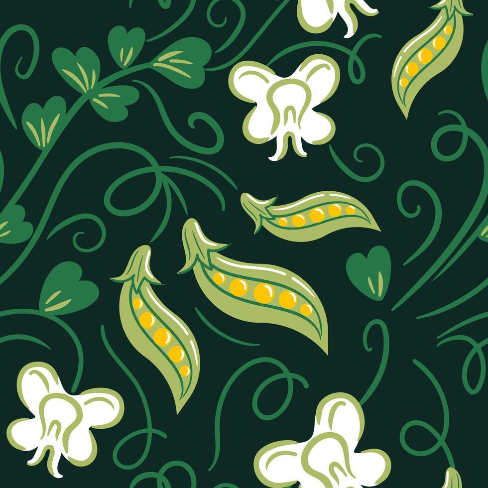 This seamless design showcases elegantly illustrated pea pods and flowers in a flat style. Its delightful art brings a vibrant, organic feel, making it ideal for textiles, wallpaper, and vector