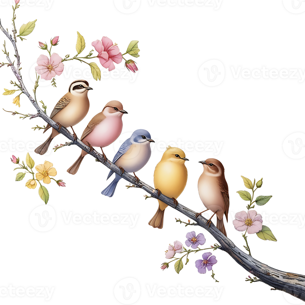 birds on a branch with flowers and leaves png
