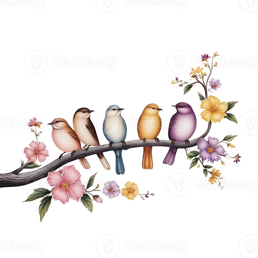 five colorful birds sitting on a branch with flowers png