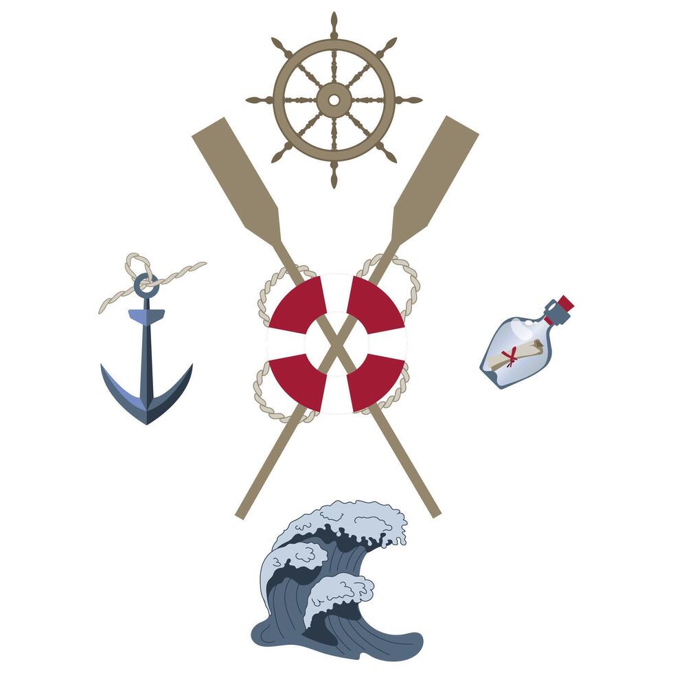 Oars and steering wheel with lifebuoy and anchor bottle and wave marine theme flat vector