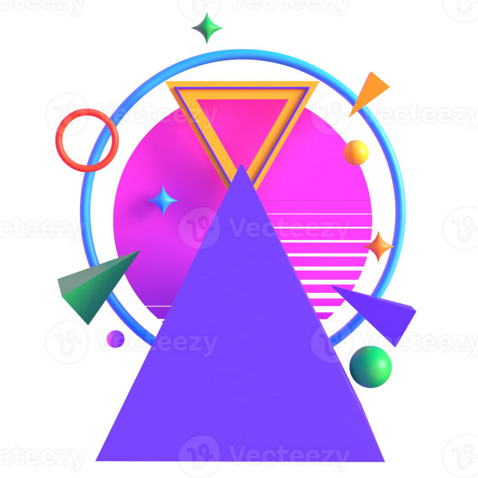 Retro Futuristic Neon Triangle Pyramid 3D Render png