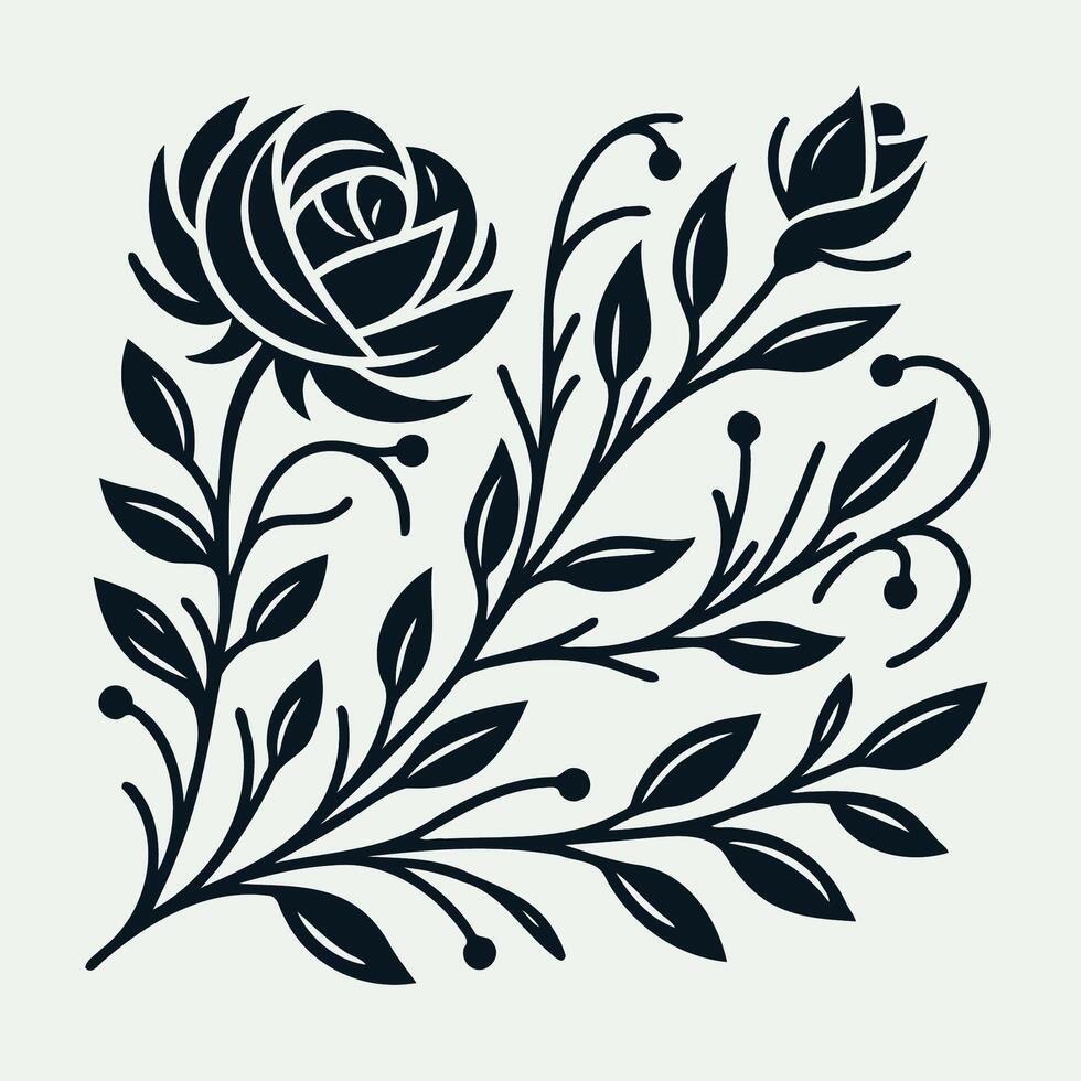 A black and white floral design with leaves vector