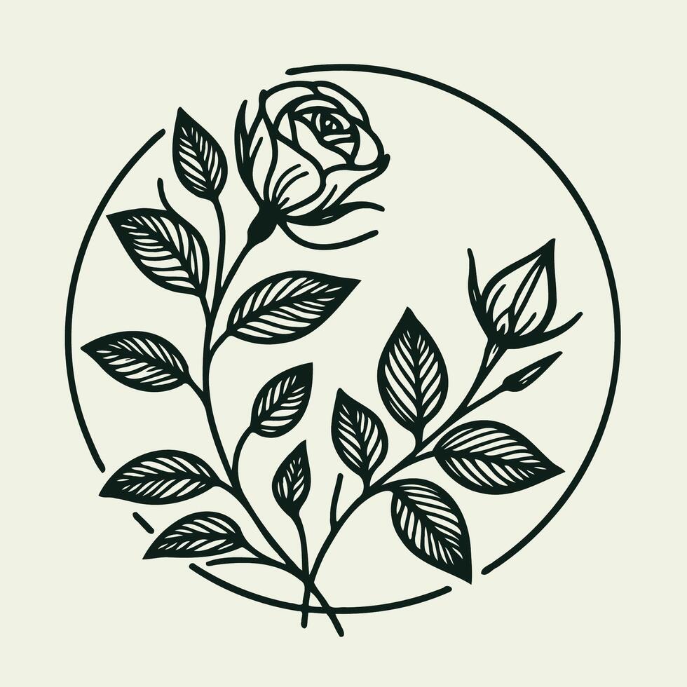 A rose is drawn in a circle with leaves vector
