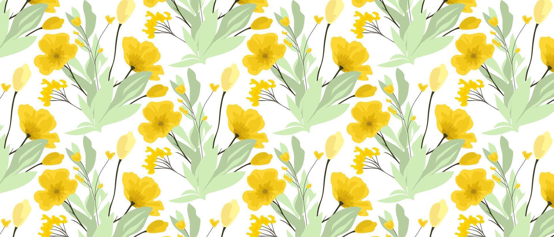 Cute gentle seamless pattern with yellow wild flowers. Design for fabric, packaging, cover, scrapbooking. vector