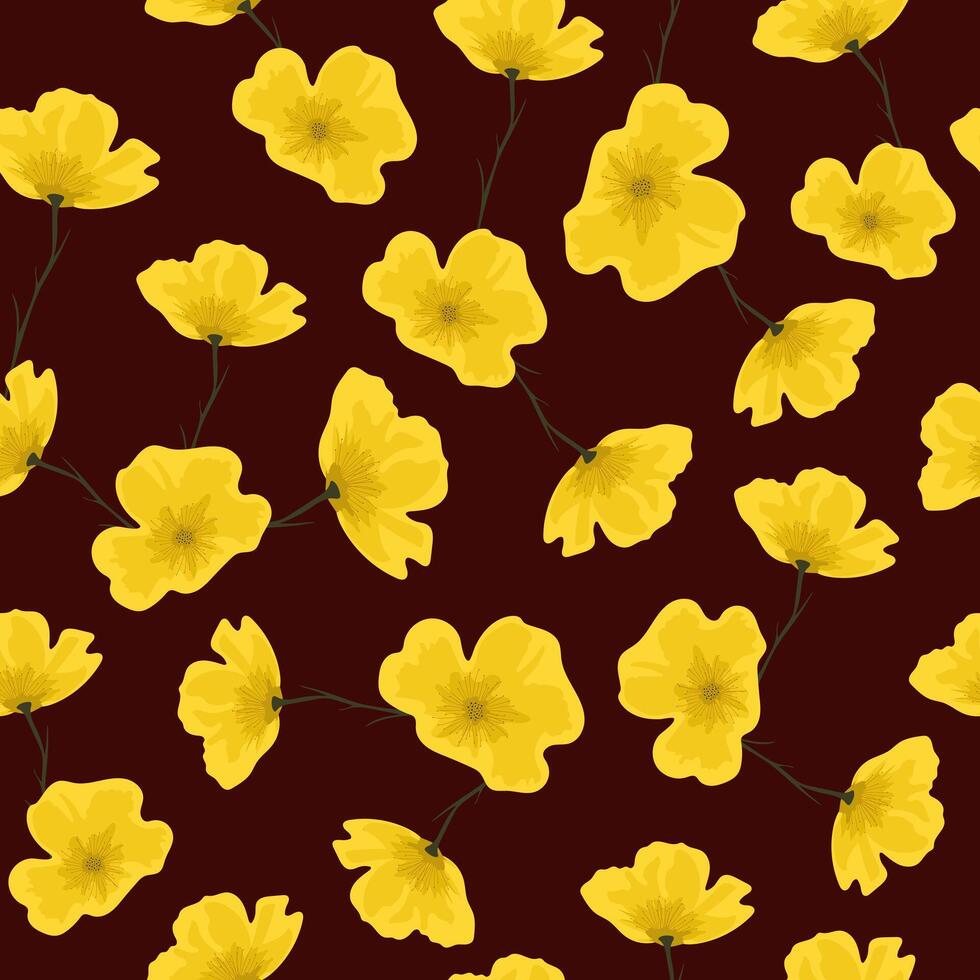 Seamless pattern with hand drawn yellow flowers on dark background. Fabric, packaging, cover design. vector