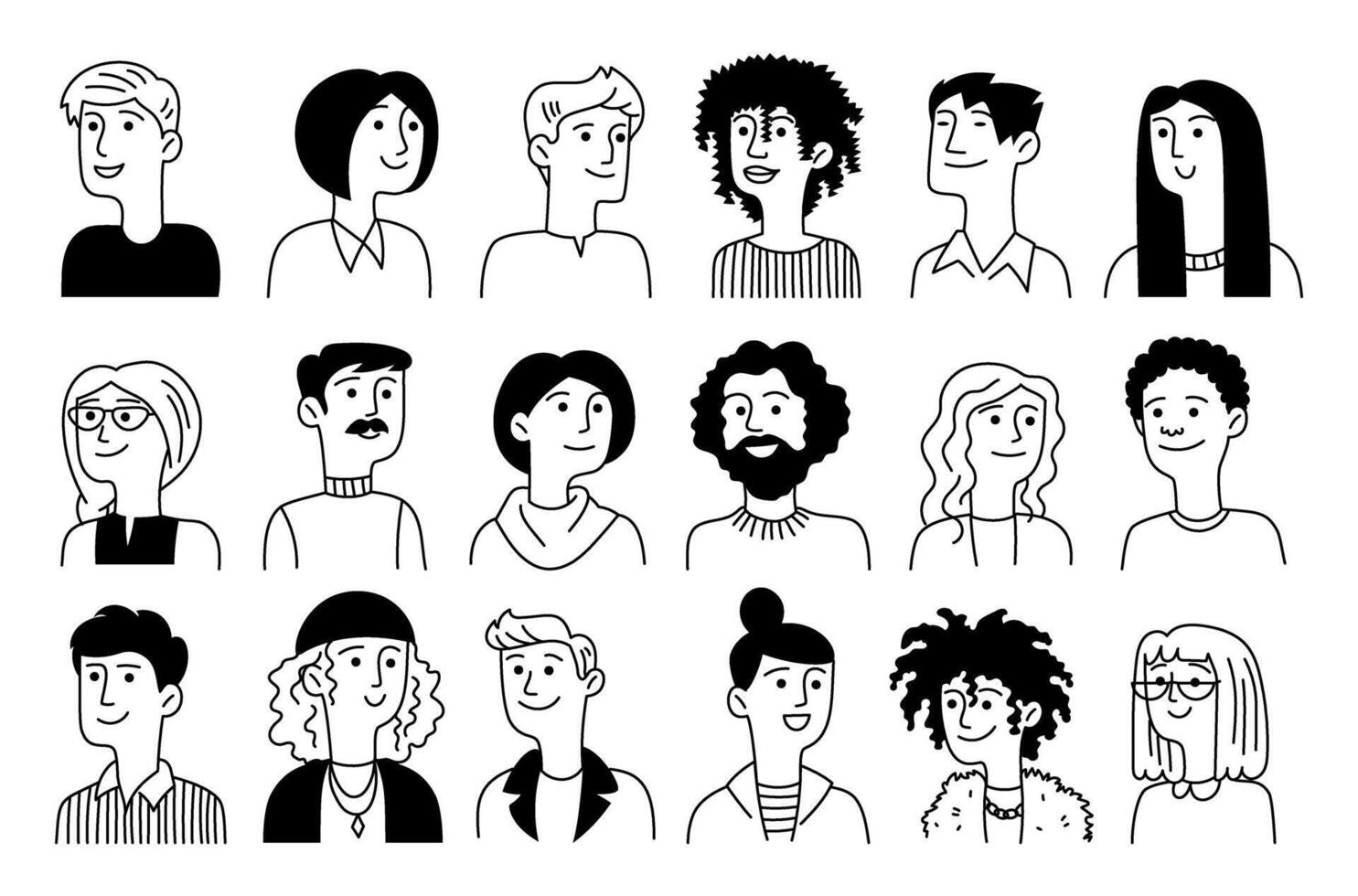 Set of avatars of diversity happy people in doodle style. Portraits of men, women. Simple line, contour. Trendy illustration isolated vector