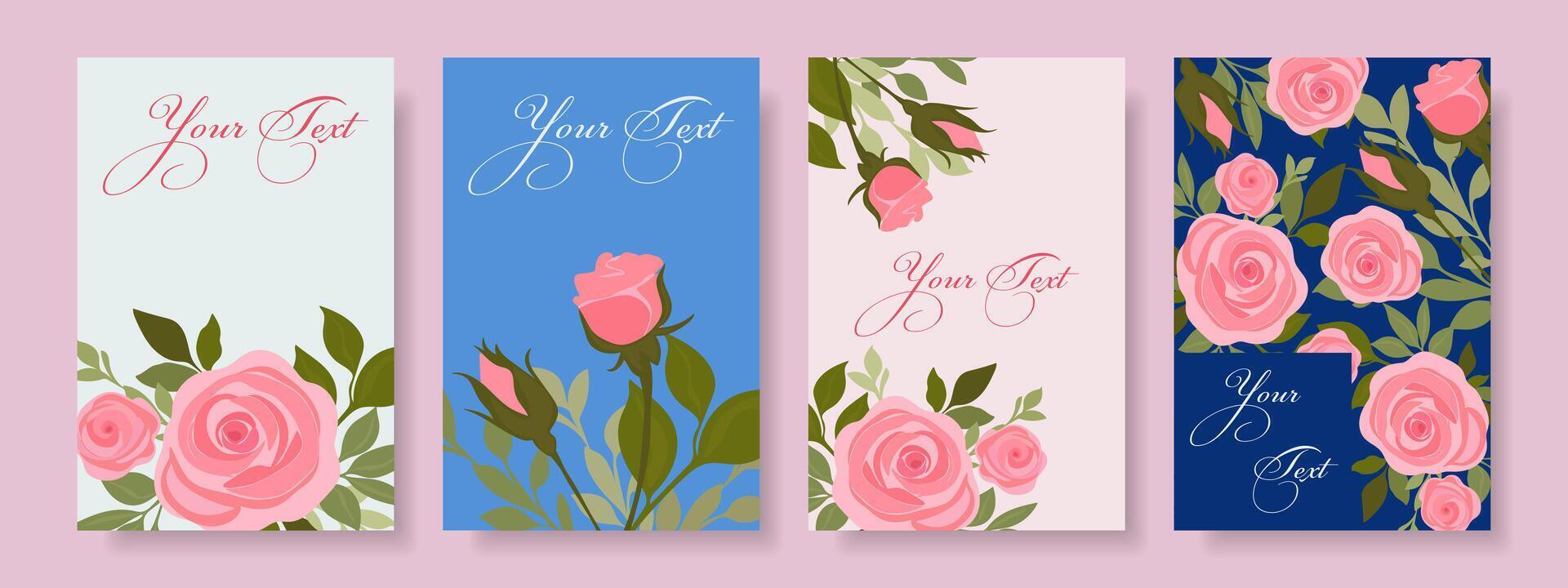 Covers or cards with roses. Set of backgrounds with roses flowers. Design for greeting card, cover, poster, store, wedding. vector