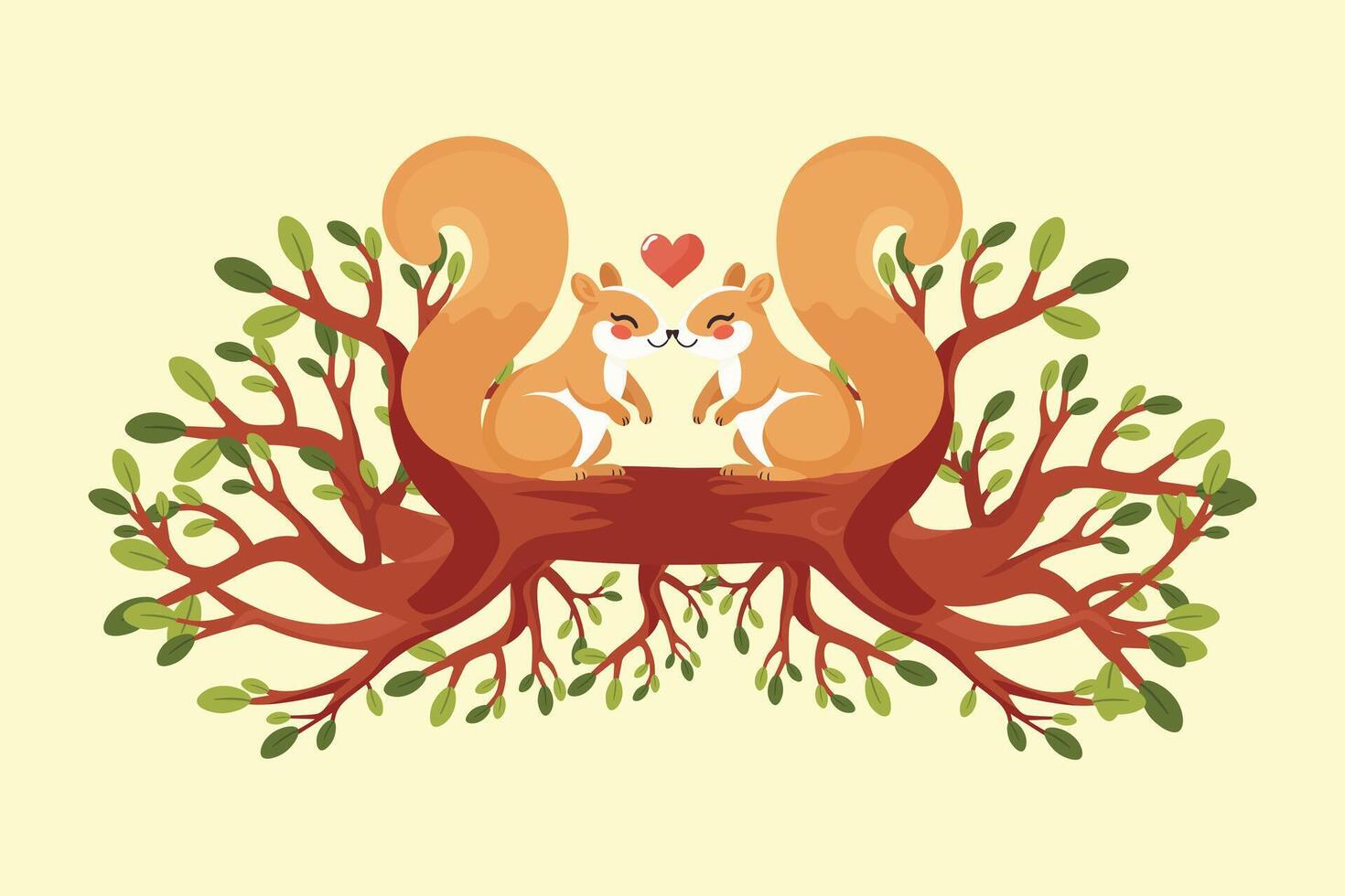 two cute squirrels in love on a tree branch flat illustration vector