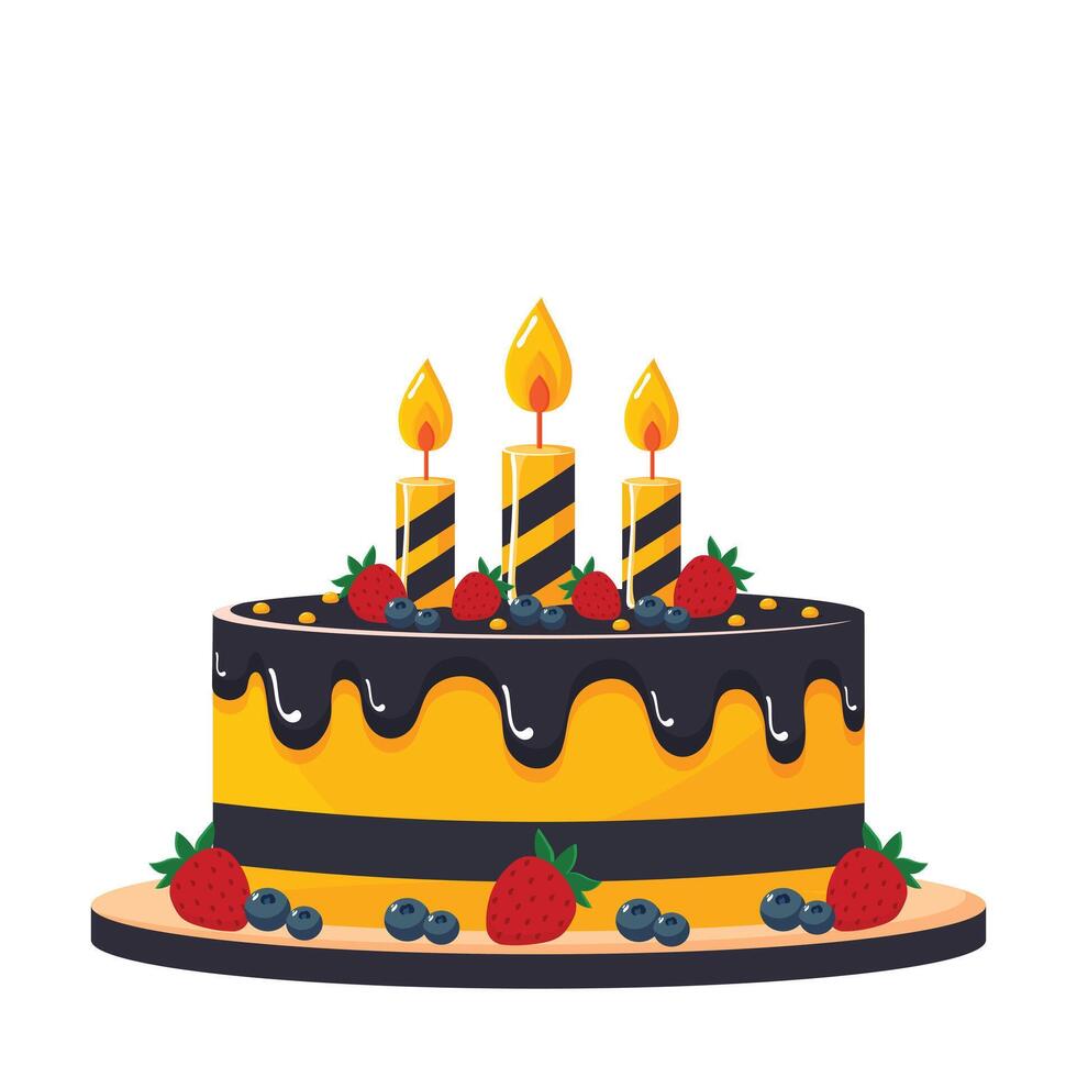 Strawberry and currant birthday cake with candles isolated on white background flat illustration vector
