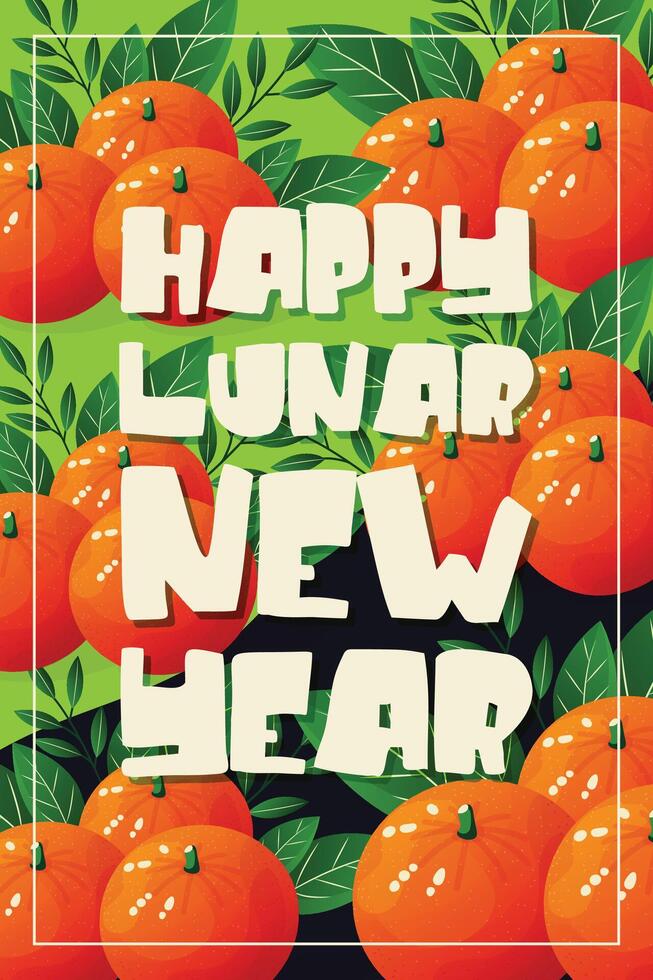 Happy Lunar New Year flat poster design with tangerine vector