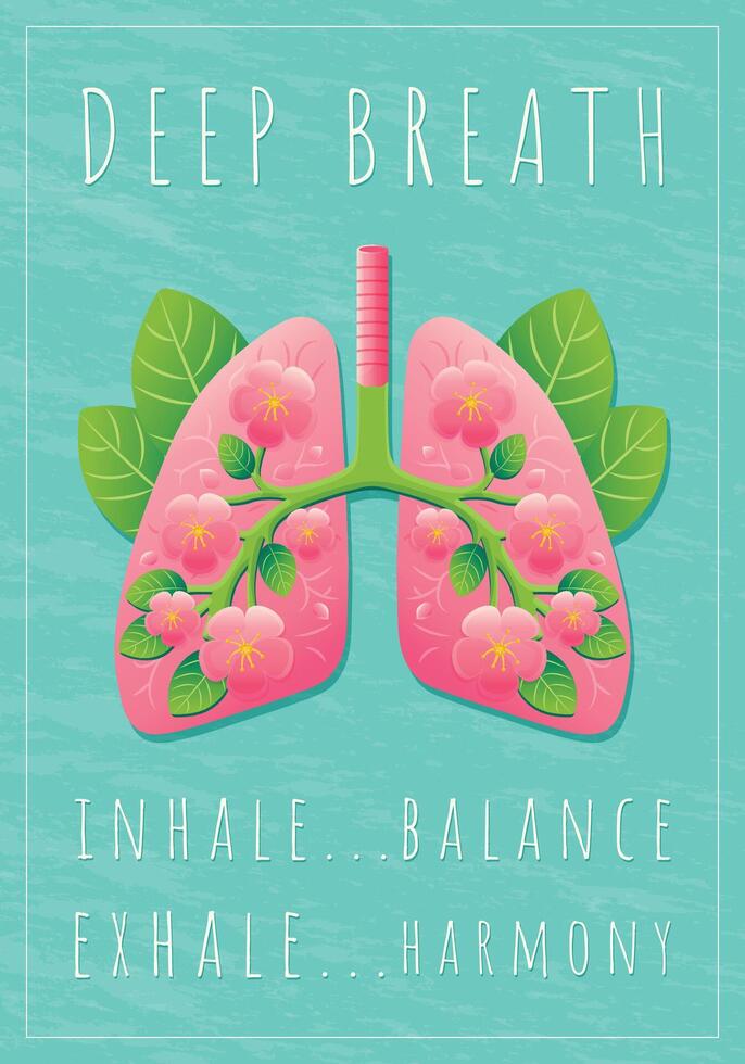 deep breathe poster design with floral lungs flat illustration vector