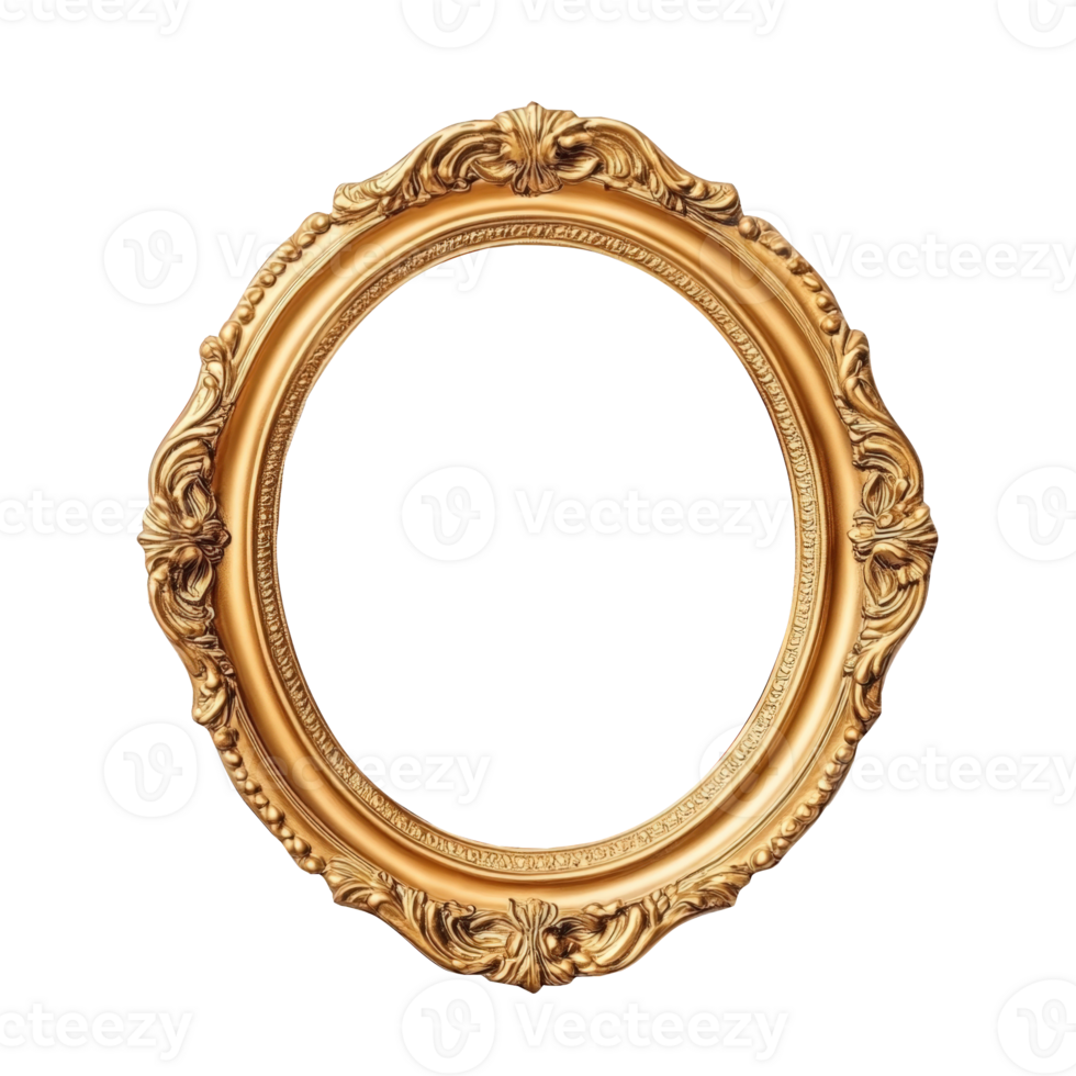Golden empty vintage ornate oval frame with isolated transparent background, displaying artwork png