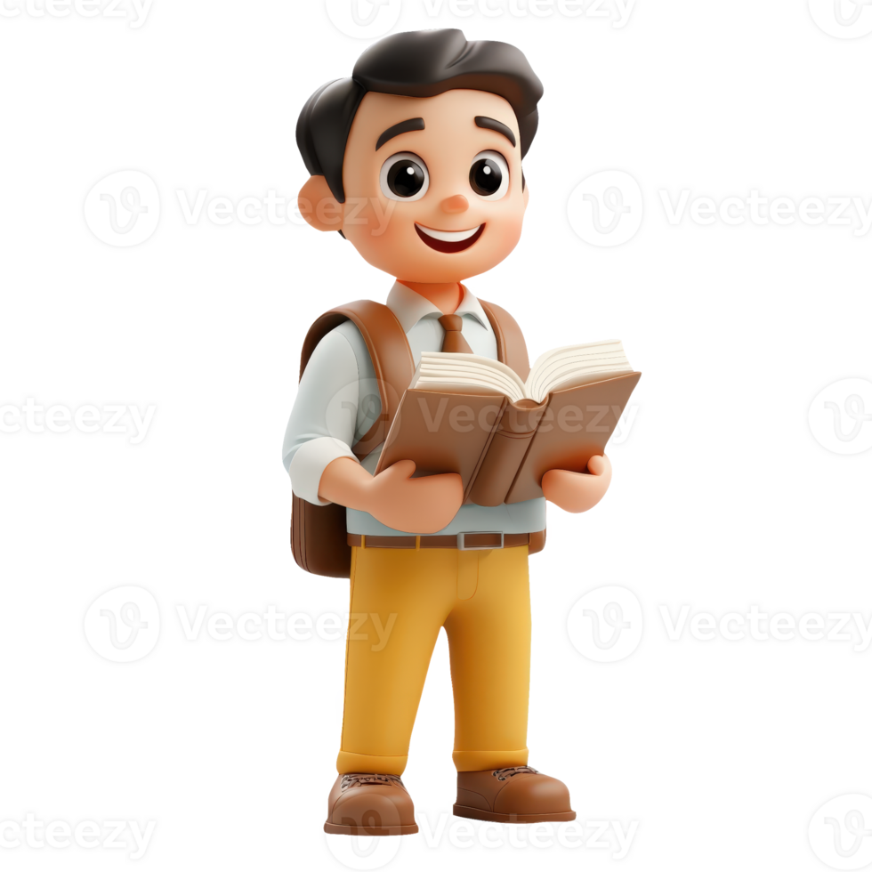 3D icon avatar cartoon boy is reading a book, student school, concept of education learning png