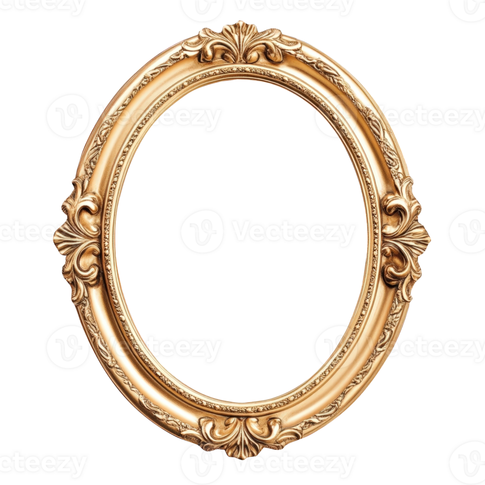 Golden baroque ornate oval frame with isolated transparent background, displaying artwork png