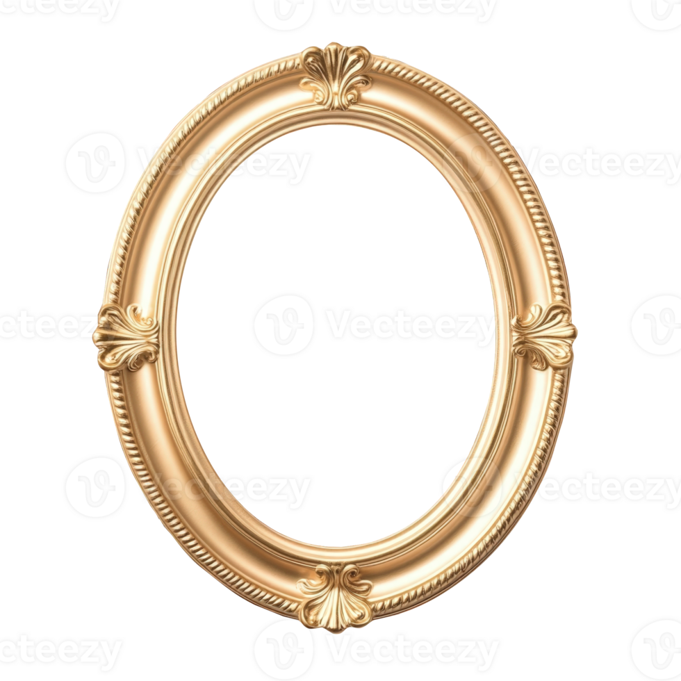 Golden empty baroque ornate oval frame with isolated transparent background, displaying artwork png