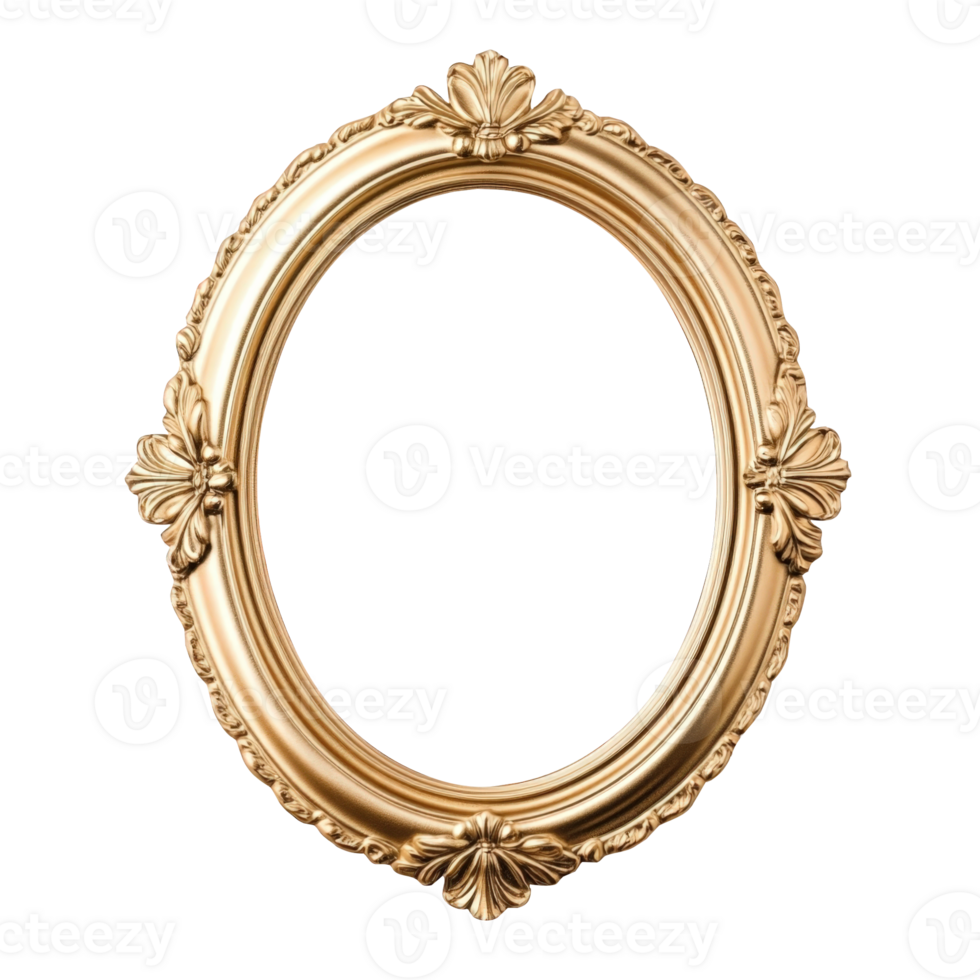 Golden elegant ornate oval frame with isolated transparent background, displaying artwork png