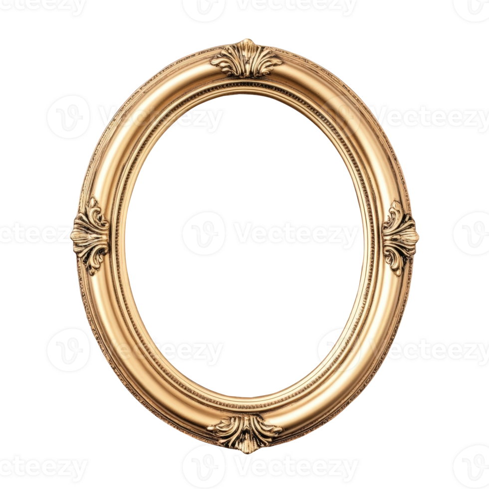 Golden ornate oval frame with isolated transparent background, displaying artwork or photos with sophisticated elegance and design flexibility png